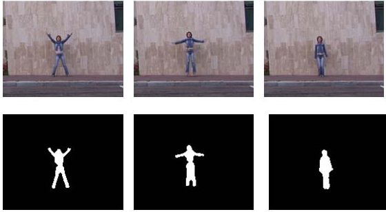 Example of a human action sequence: three frames from a "jump-jack" action (top row) and corresponding silhouettes (bottom row)