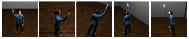Snapshots from various camera viewpoints of an avatar raising his arm. 